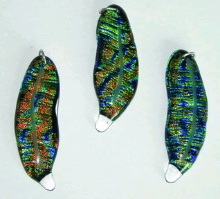 Click for a larger photo of the Blue with Gold Dichroic Glass Feather Necklace