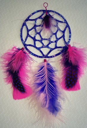 Click for a larger photo of the Cobalt Blue Glass with Dichroic Chips and Blue and Pink Feathers Dream Catcher