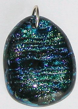 Click for a larger photo of the Clear Glass on Blue Rainbow Glass Shield Shaped Necklace