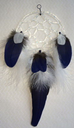 A larger photo of the Clear Glass with Dichroic Chips and Hyacinth Blue and White Feathers Dream Catcher