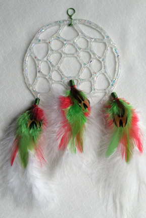 Click for a larger photo of the Clear Glass with Dichroic Chips and Lime Green and Pink Feathers Dream Catcher