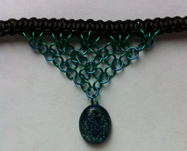 Click for a larger photo of the Clear Glass on Bluish Green Sparkle Oval Shaped Chain Maille Choker