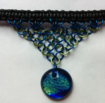 A larger photo of the Clear Glass on Blue, Green & Gold Round Shaped Chain Maille Choker