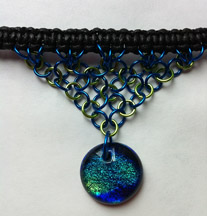 Click for a larger photo of the Clear Glass on Blue, Green & Gold Round Shaped Chain Maille Choker