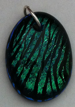 A larger photo of the Clear Glass on Green & Blue Zebra Patterned Oval Shaped Necklace