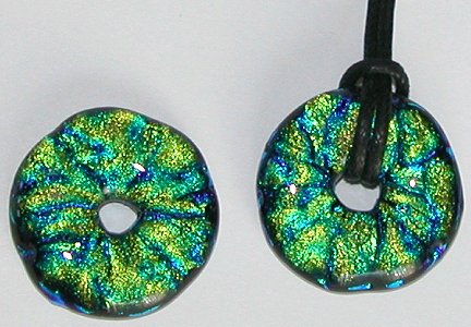 Click for a larger photo of the Clear on Green with Blue Glass Donut Necklace