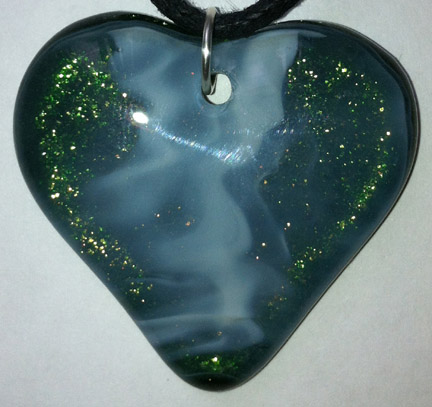 A larger photo of the Vanilla Swirl on Iridescent Green Heart Shaped Necklace