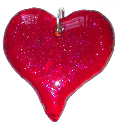 A larger photo of the Clear Glass on Iridescent Red Fancier Heart Shaped Necklace