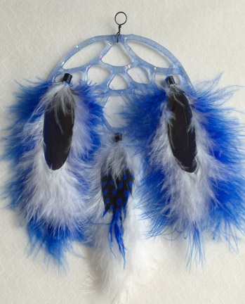 A larger photo of the Sky Blue Glass with Dichroic Chips and Blue and White Feathers Dream Catcher