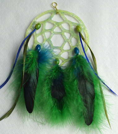 A larger photo of the Greenish Blue Glass with Iridescent Green Feathers Dream Catcher