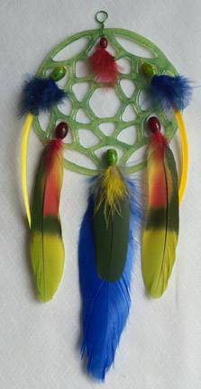A larger photo of the Greenish Blue Glass with Multicolored Feathers Dream Catcher