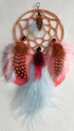 A larger photo of the Peach Glass with Dichroic Chips and Peach and Light Blue Feathers Dream Catcher