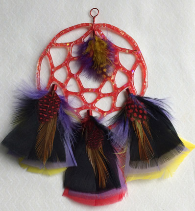 A larger photo of the Red Glass with Dichroic Chips and Red, Purple and Black Feathers Dream Catcher