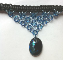 Click for a larger photo of the Textured Blue, Black & Green Splatter Patterned Oval Shaped Chain Maille Choker
