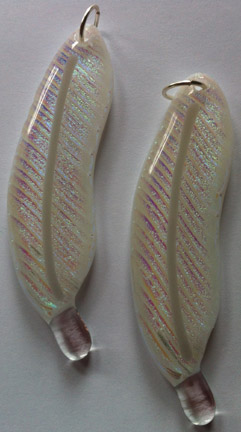 A larger photo of the Clear Glass with Pink/Yellow/Green/Blue Dichroic Glass on White Glass Feather Necklace