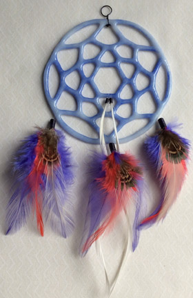 Click for a larger photo of the White with Blue Glass and Blue and Salmon Feathers Dream Catcher