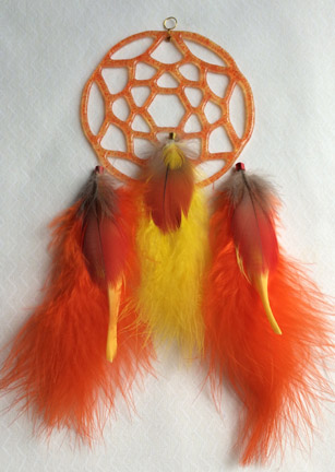 A larger photo of the Orangish Glass with Orange, Red and Yellow Feathers Dream Catcher